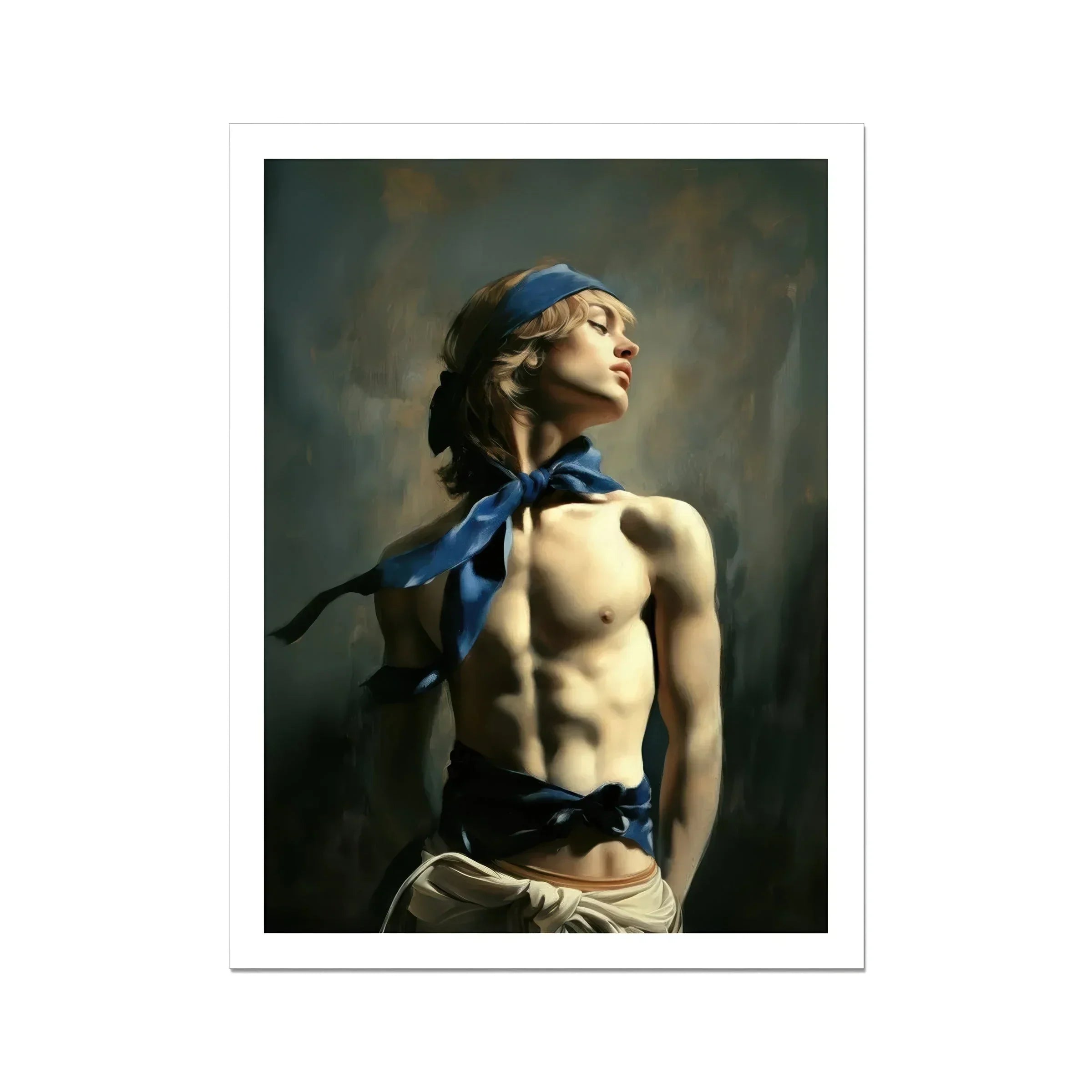 Molly Neoclassical Femboy Sailor Art Print, Shirtless Figure Blue Headband Neck Ribbon Dramatic Pose