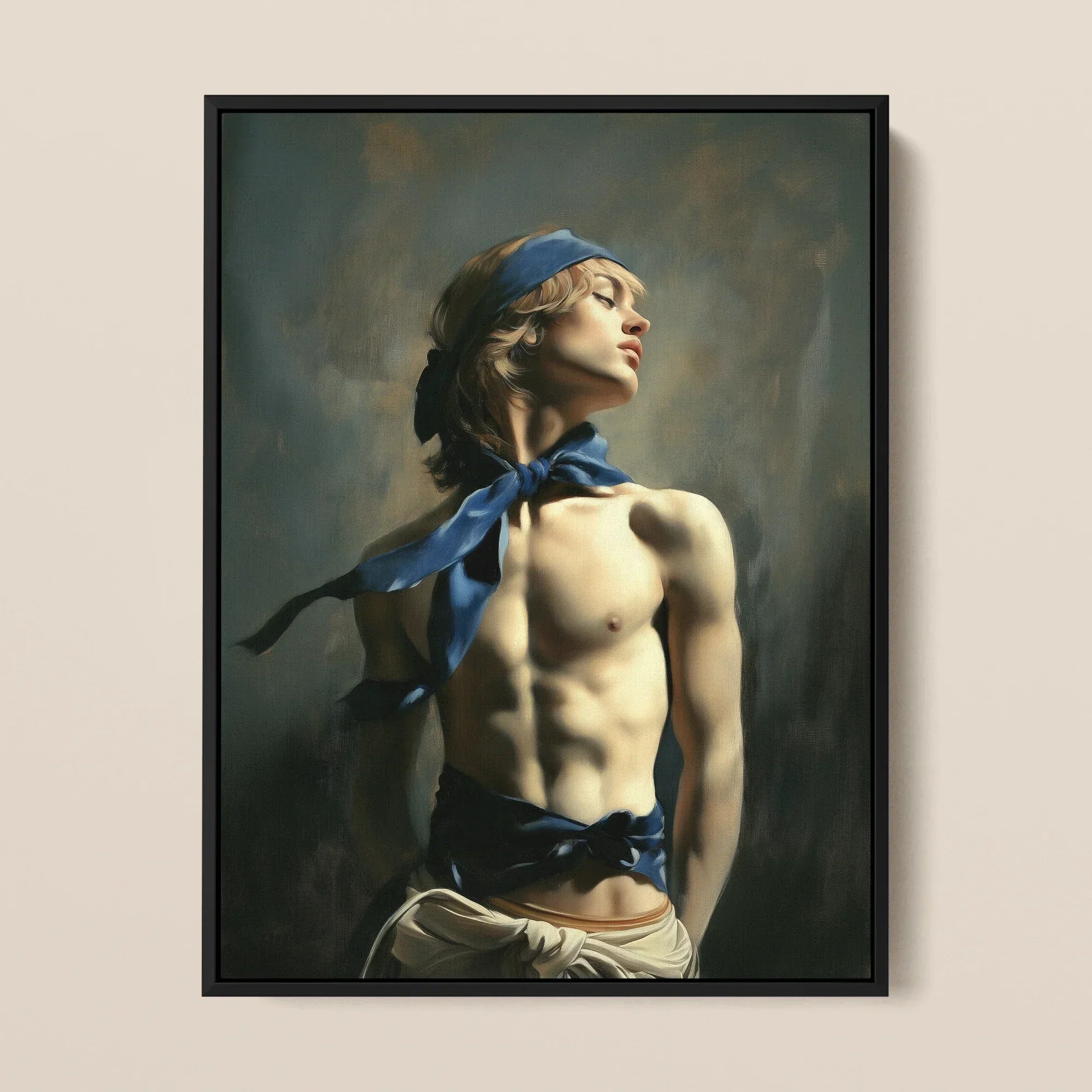 Molly - Neoclassical Femboy Sailor Framed Canvas, Framed Painting Muscular Man Blue Bandana