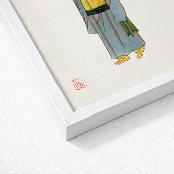 Framed Traditional East Asian Illustration Figure Blue Robes Qing Dynasty Manchu, Fashion, Bureaucracy