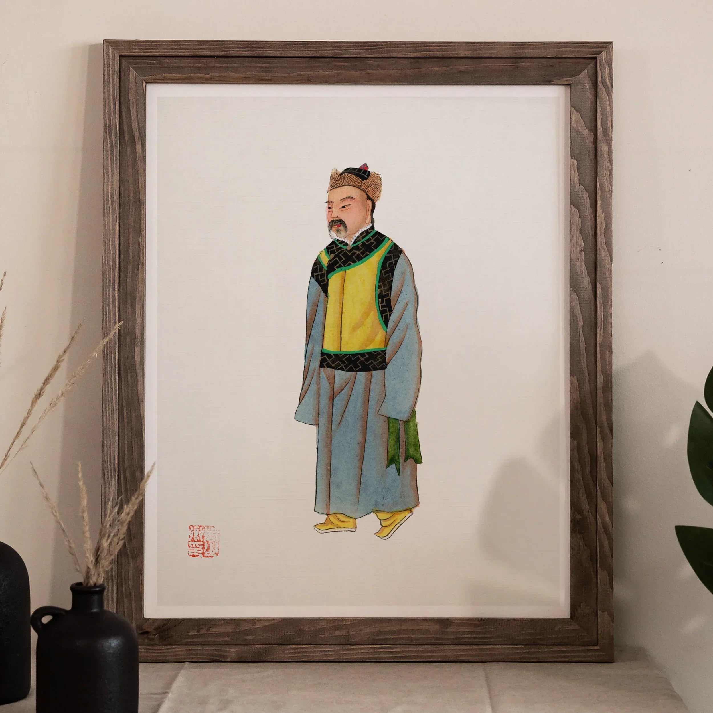 Mongolian Nobleman Manchu Fashion Art Print, Framed Painting Elderly Asian Man Traditional Robes Hat