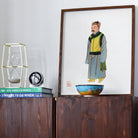 Mongolian Nobleman Manchu Fashion Art Print, Framed Watercolor Illustration Person Yellow Vest Gray Coat