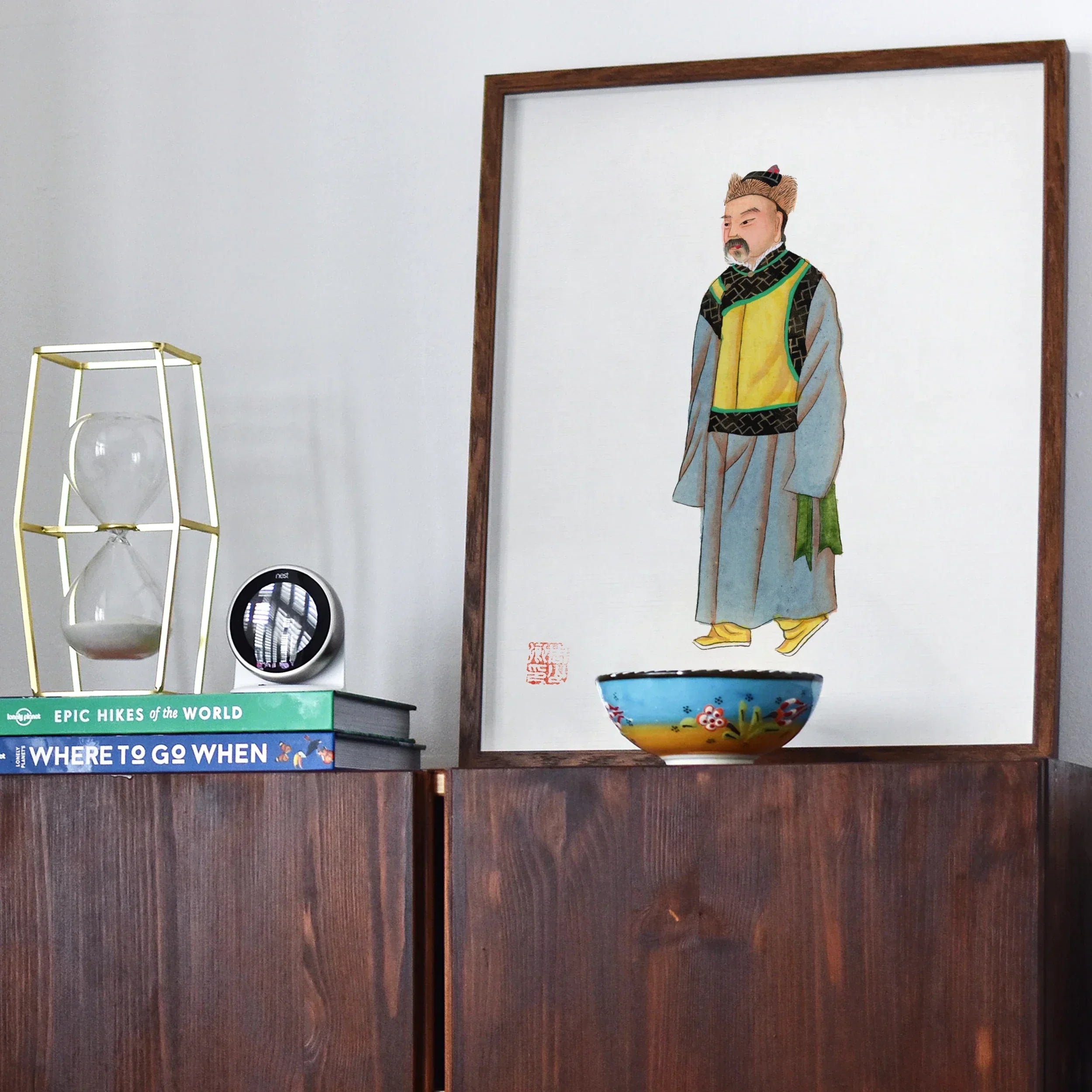 Mongolian Nobleman Manchu Fashion Art Print, Framed Watercolor Illustration Person Yellow Vest Gray Coat