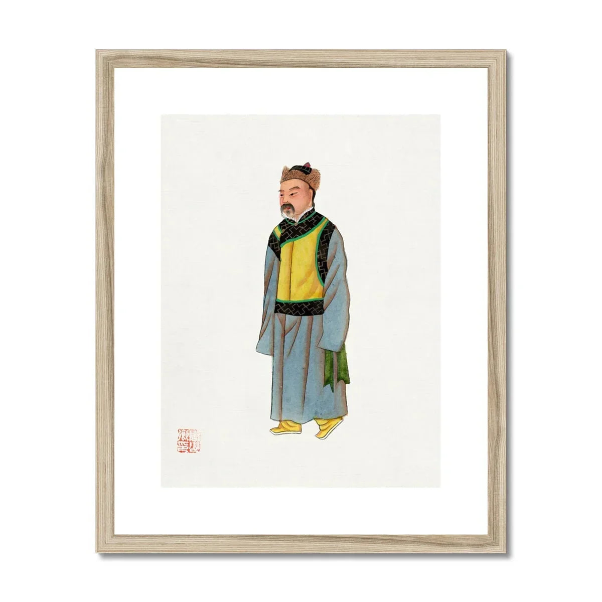 Mongolian Nobleman Manchu Fashion Art Print, Traditional Chinese Watercolor Illustration Figure Blue Robe Yellow