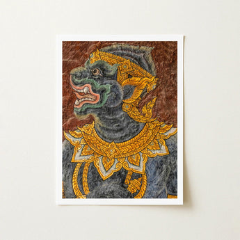 Monkey do too - Thai Mural Art Print / Canvas Framed Artwork Dark Green Ornately Adorned Mythical Creature Jade-hued Simian Deity, Ramakien