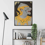 Monkey See too - Ancient Style Thai Fresco Art Print / Canvas Framed Artwork Gray Ornate Mythical Creature Adorned Intricate Electrifying