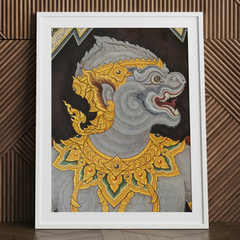 Monkey See too - Ancient Style Thai Fresco Art Print / Canvas Framed Artwork Gray Ornate Mythical Creature Adorned Intricate Electrifying