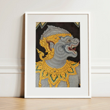 Monkey See too - Ancient Style Thai Fresco Art Print / Canvas Framed Artwork Gray Ornately Adorned Mythical Creature Intricate Electrifying