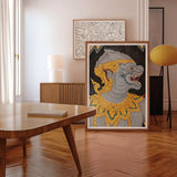 Monkey See too - Ancient Style Thai Fresco Art Print, Framed Artwork Mythical Creature Gray Body Ornate Golden