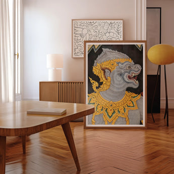 Monkey See too - Ancient Style Thai Fresco Art Print, Framed Artwork Mythical Creature Gray Body Ornate Golden