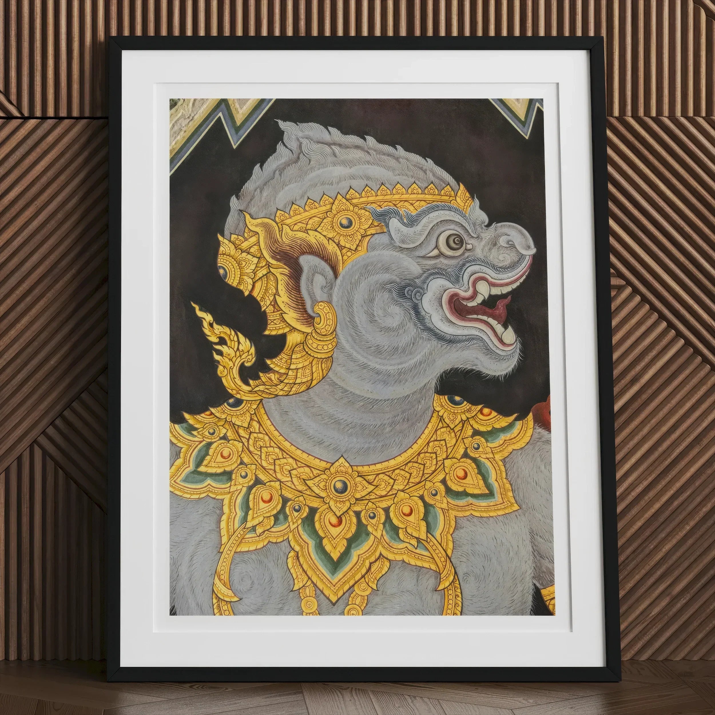 Monkey See too - Ancient Style Thai Fresco Art Print, Framed Painting Mythical Creature Gray Animal Head Ornate