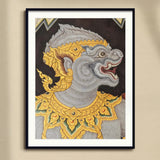 Monkey See too - Ancient Style Thai Fresco Art Print, Traditional Thai Temple Mural Painting Mythological Creature Grey