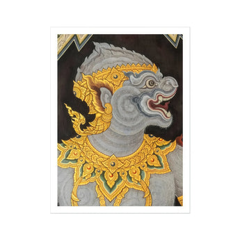 Monkey See too - Ancient Style Thai Fresco Art Print, Traditional Thai Temple Mural Painting Mythological Creature Grey