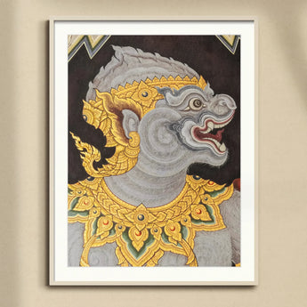 Monkey See too - Ancient Style Thai Fresco Art Print, Traditional Thai Temple Mural Painting Mythological Creature Grey