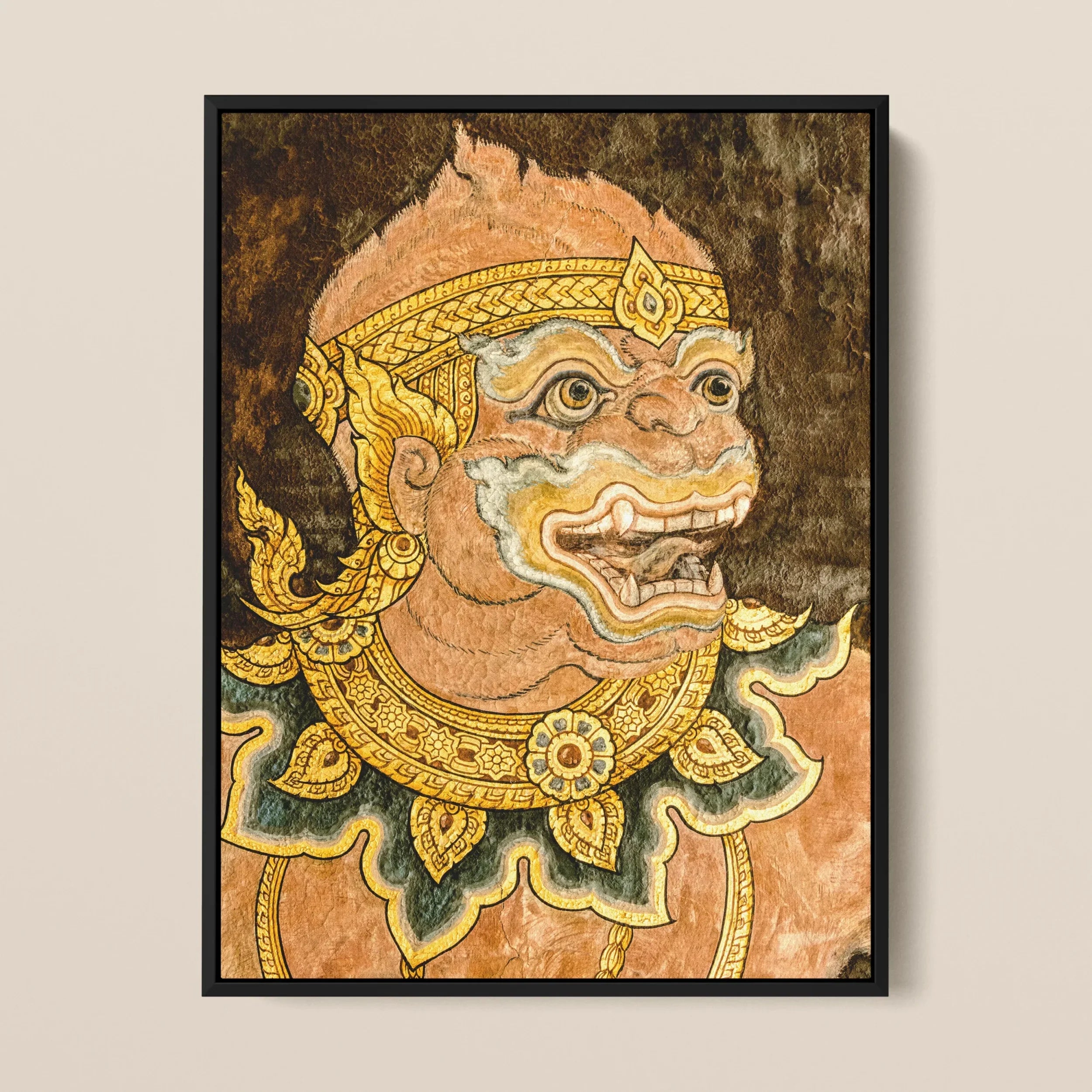 Monkey See - Thai Aesthetic Mural Framed Canvas, Ornate Painting Mural Mythical Creature Elaborate Golden Headdress