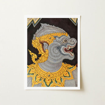 Monkey See too - Ancient Style Thai Fresco Art Print / Canvas Framed Artwork Detailed Ornate Gray Gold Mythical Creature Electrifying,