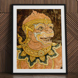 Traditional Thai fresco art print of monkey-like figure, framed.