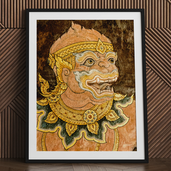 Traditional Thai fresco art print of monkey-like figure, framed.
