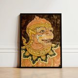 Framed Artwork Traditional Thai Spirit Intricate Gold Green Monkey Fresco, Southeast Asian Lore, Gilded Grandeur Collide