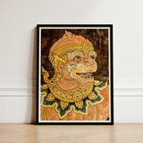 Framed Artwork Detailed Ornate Thai Demon Head Gold Monkey Fresco, Southeast Asian Lore, Gilded Grandeur Collide