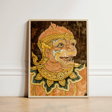 Framed Artwork Detailed Ornate Thai Spirit Face Gold Monkey Fresco, Southeast Asian Lore, Gilded Grandeur Collide