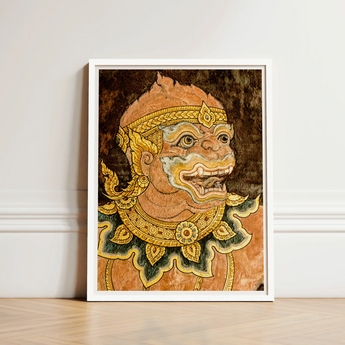 Framed Artwork Detailed Ornate Thai Guardian Figure Gold Monkey Fresco, Southeast Asian Lore, Gilded Grandeur Collide