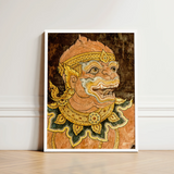 Framed Artwork Detailed Ornate Thai-style Demonic Face Gold Thai Monkey Fresco, Southeast Asian Lore, Gilded Grandeur Collide