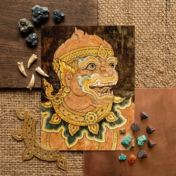 Monkey See - Traditional Thai Fresco Art Print / Canvas Detailed Ornate Golden Mask Intricate Patterns Fierce Expression Thai Monkey