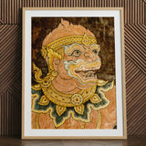 Monkey See - Traditional Thai Fresco Art Print / Canvas Framed Artwork Detailed Ornate Thai Guardian Figure Golden Monkey Fresco, Southeast