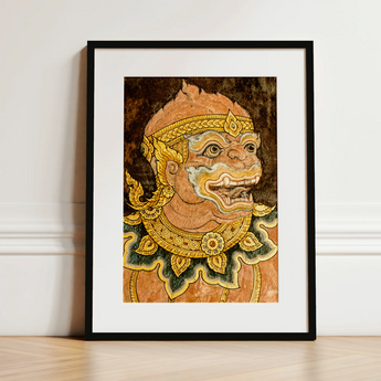 Monkey See - Traditional Thai Fresco Art Print / Canvas Framed Artwork Traditional Thai Guardian Figure Intricate Gold Monkey Fresco,