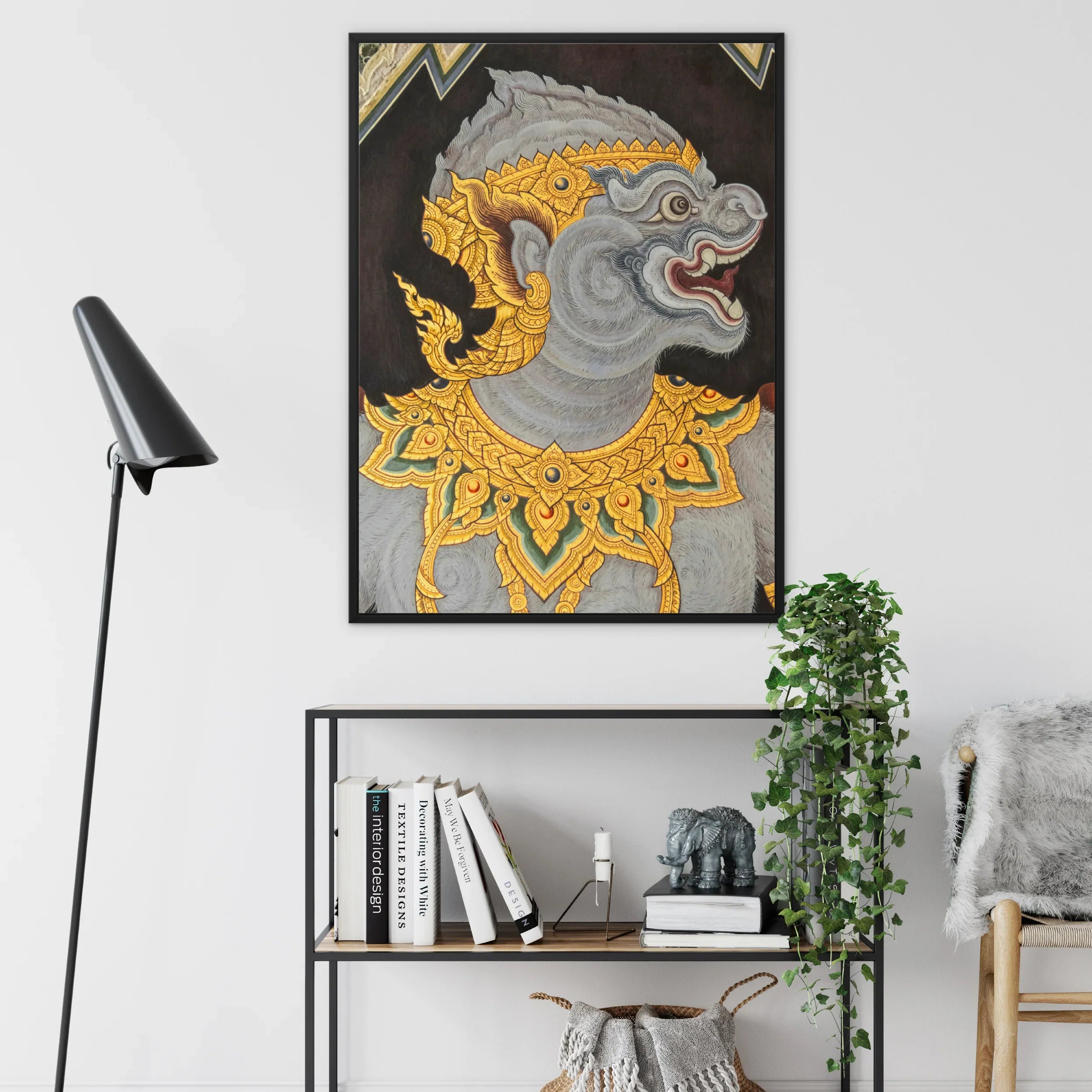 Monkey See too Traditional Thai Fresco Framed Canvas, Thai Style Artwork Mythological Creature Grey Head Ornate Golden