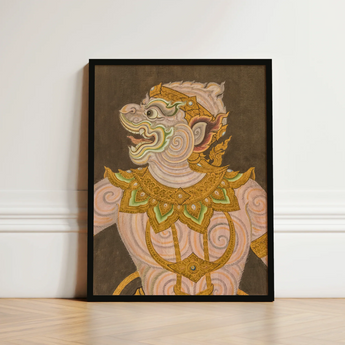 Framed Artwork Traditional Thai Mythical Creature Intricate Gold Celestial Simian Bursts, Fresco Art, Golden Lai Regalia