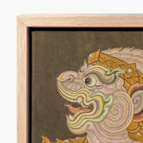 Detailed Embroidered Artwork Traditional Balinese Guardian Lion Intricate Celestial Simian Bursts, Thai Fresco Art, Golden Lai Regalia