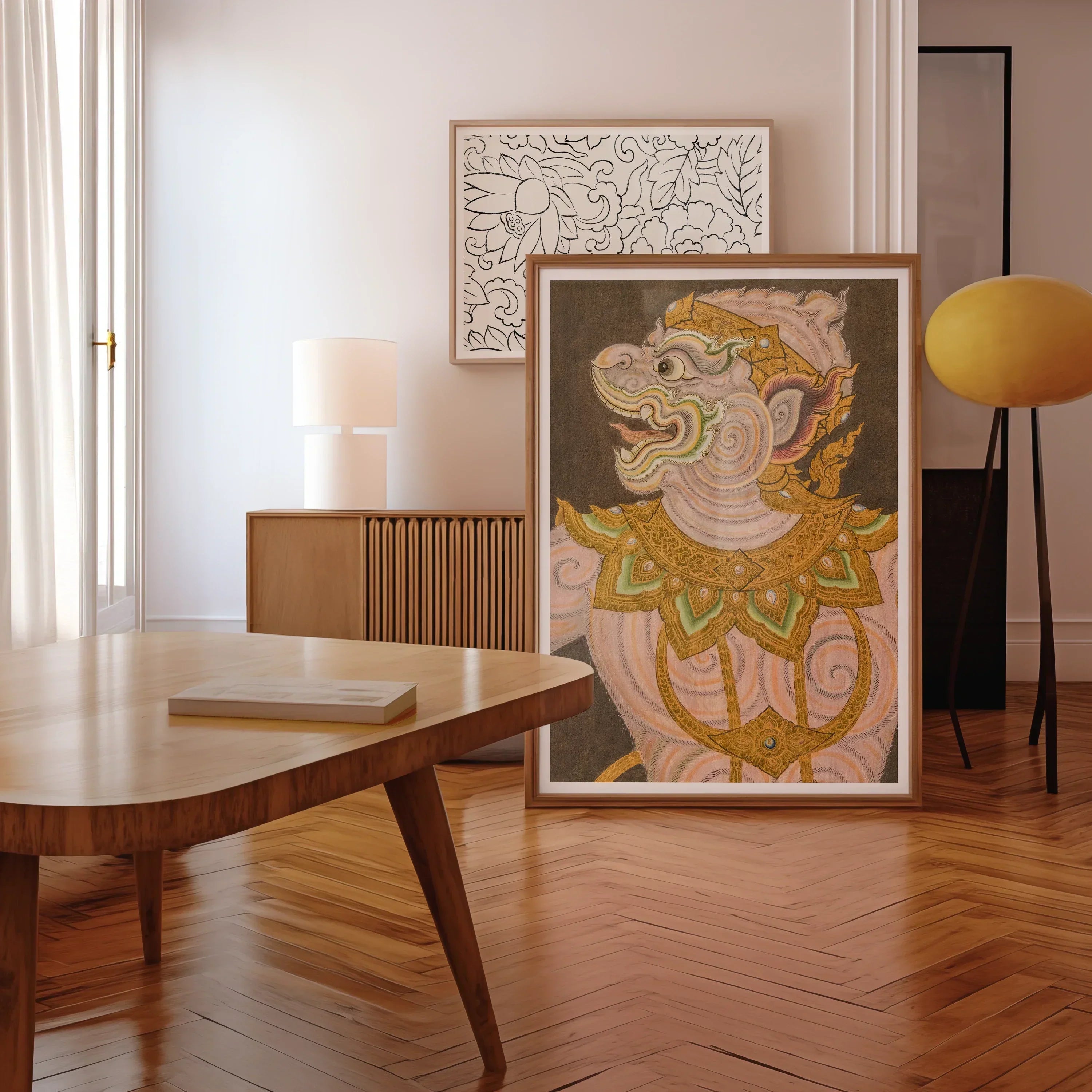 Monkey do too - Thai Golden Lai Art Print, Framed Artwork Stylized Figure Ornate Headdress Collar