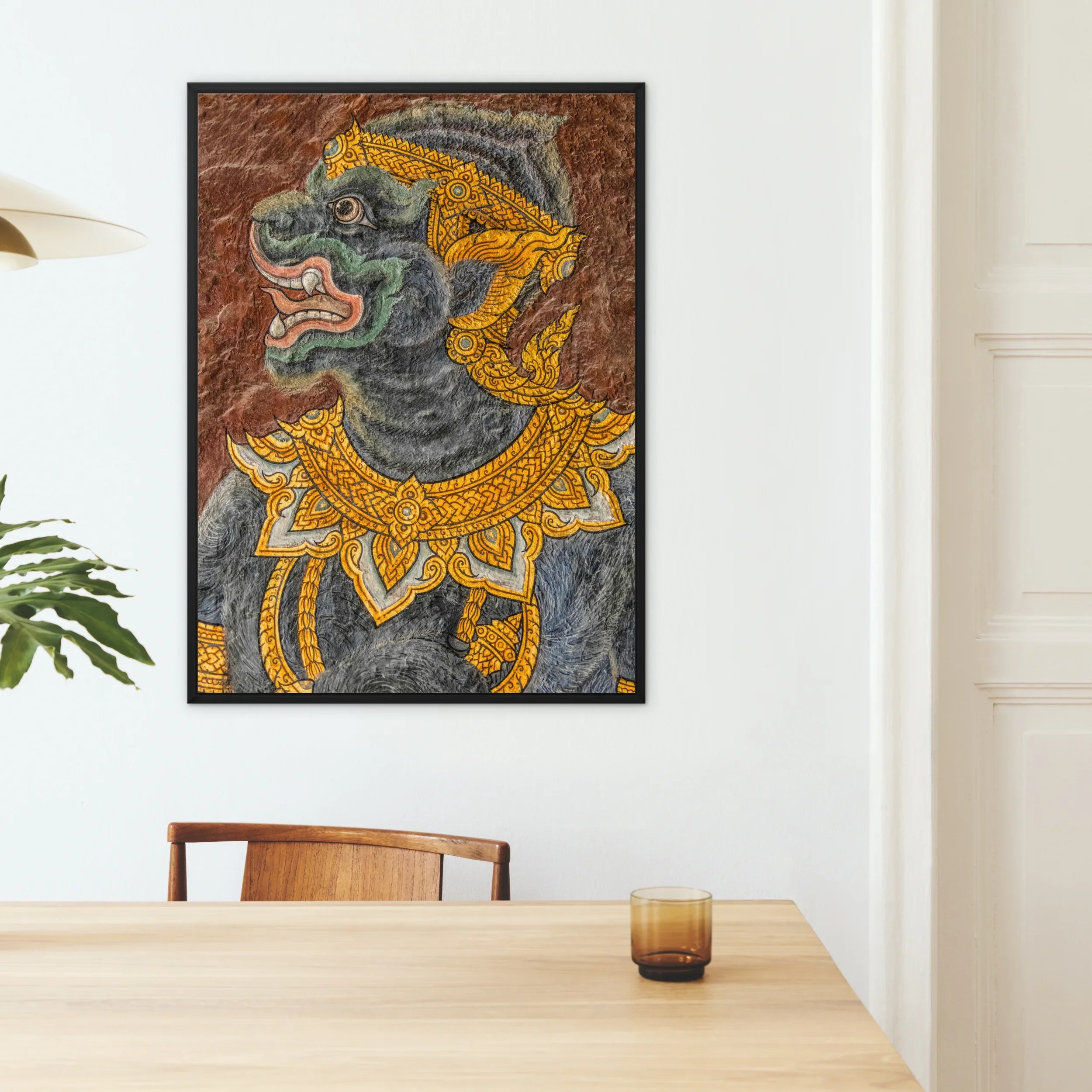 Monkey do too Thai Mural Art Framed Canvas, Framed Artwork Abstract Figure Gray Tones Ornate Golden