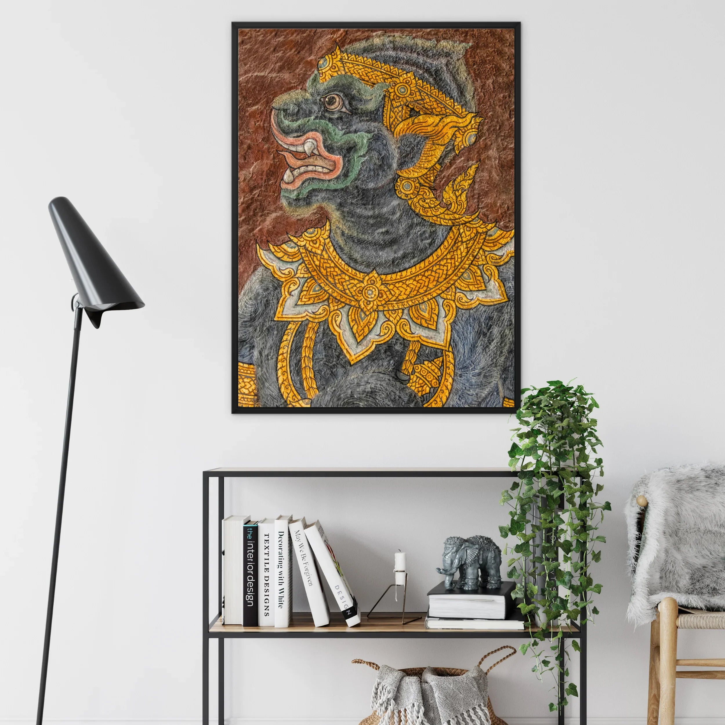 Monkey do too Thai Mural Art Framed Canvas, Framed Artwork Mythological Figure Grey Skin Ornate Golden