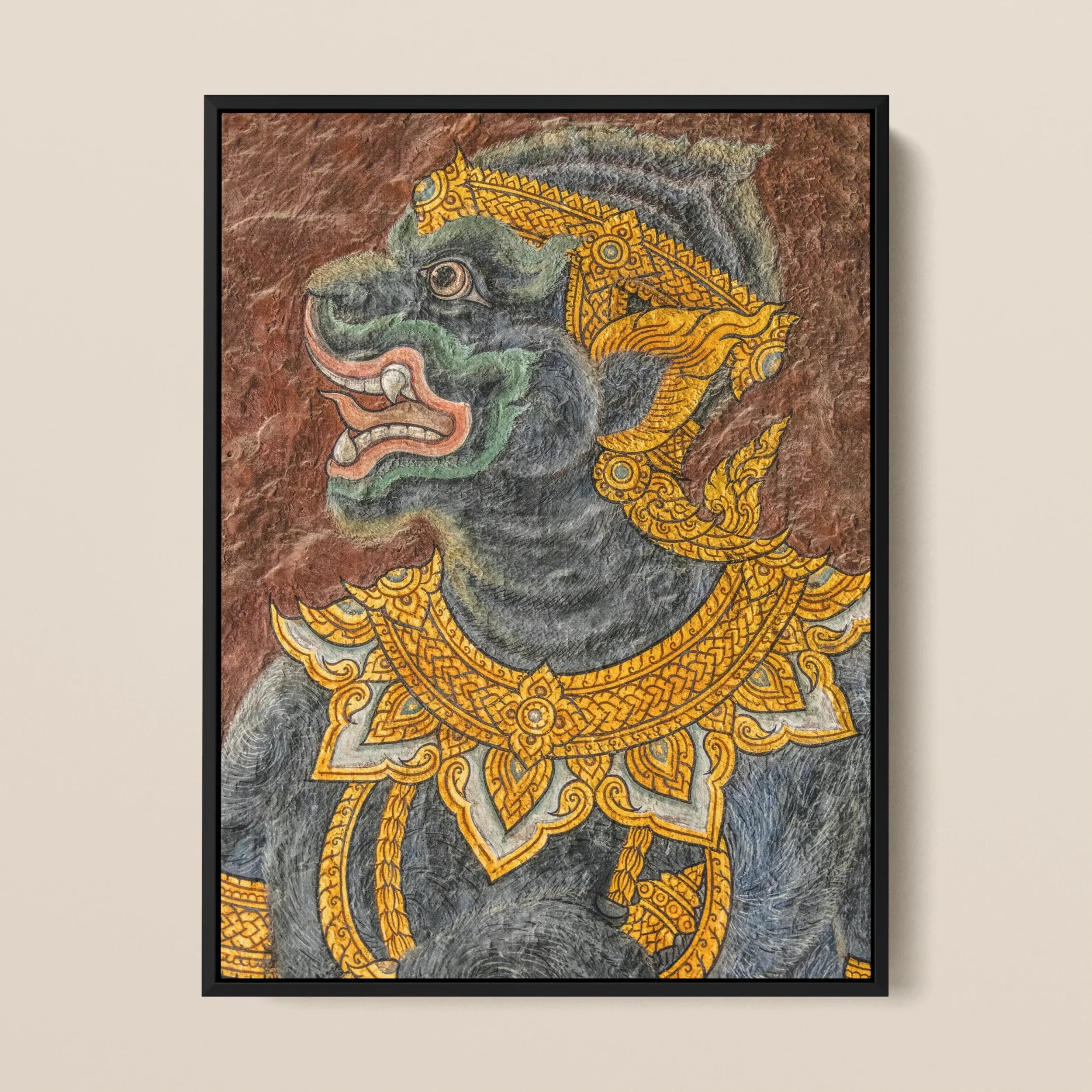 Monkey do too - Thai Mural Art Framed Canvas, Mythical Creature Gray Animal-like Head Ornate Golden Jewelry