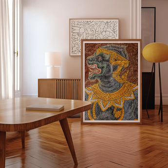 Monkey do too - Thai Mural Art Print, Framed Abstract Artwork Stylized Figure Blue Gold Tones