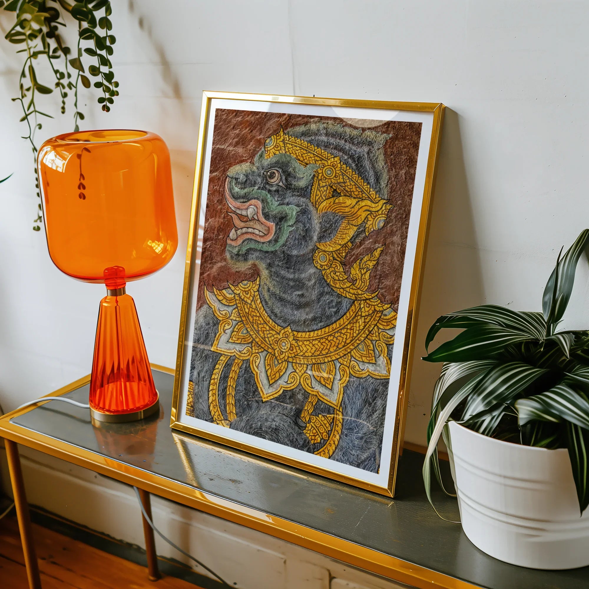 Monkey do too - Thai Mural Art Print, Framed Artwork Stylized Figure Ornate Golden Reddish-brown Background