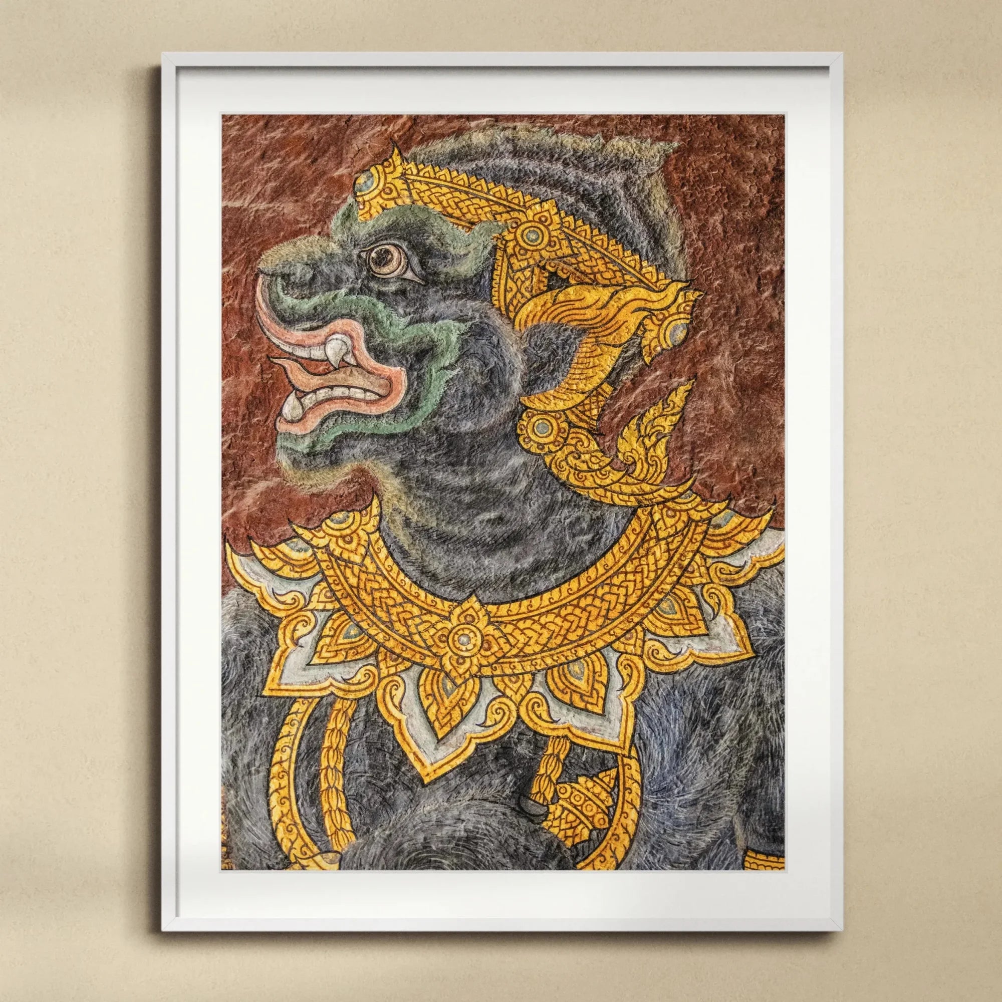 Monkey do too - Thai Mural Art Print, Traditional Thai Demon Figure Ornate Golden Crown Decorative