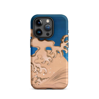 Moon and Waves - Suzuki Kiitsu Phone Case Iphone 15 Pro / Matte Blue Tan Phone Case Wave Design Suzuki Kiitsu Iphone Case, Foam Coils