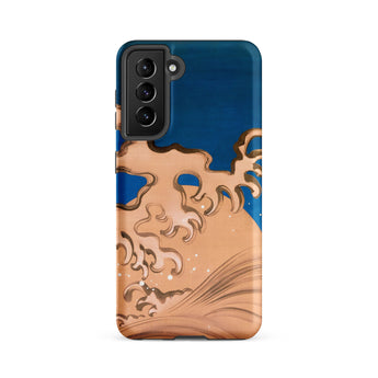 Moon and Waves - Suzuki Kiitsu Samsung Case, Galaxy S21 Fe / Matte, Smartphone Case Blue Background Beige Wave Design