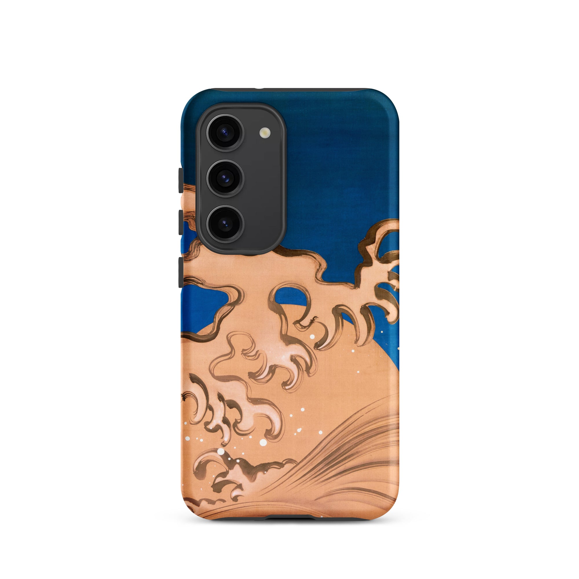 Moon and Waves Suzuki Kiitsu Samsung Case, Galaxy S23 / Matte, Smartphone Case Blue Background Copper Colored Wave Design