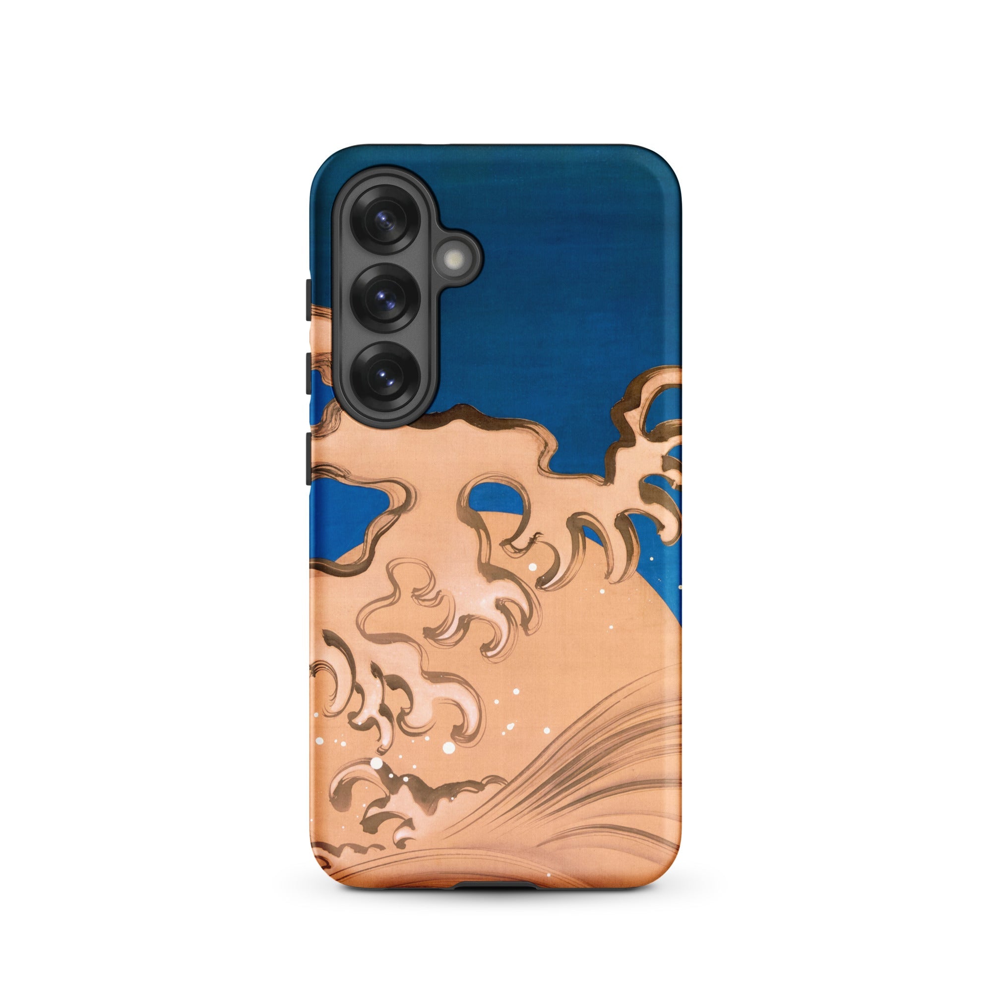 Moon and Waves Suzuki Kiitsu Samsung Case, Galaxy S25 / Matte, Smartphone Case Blue Background Stylized Orange Wave Design