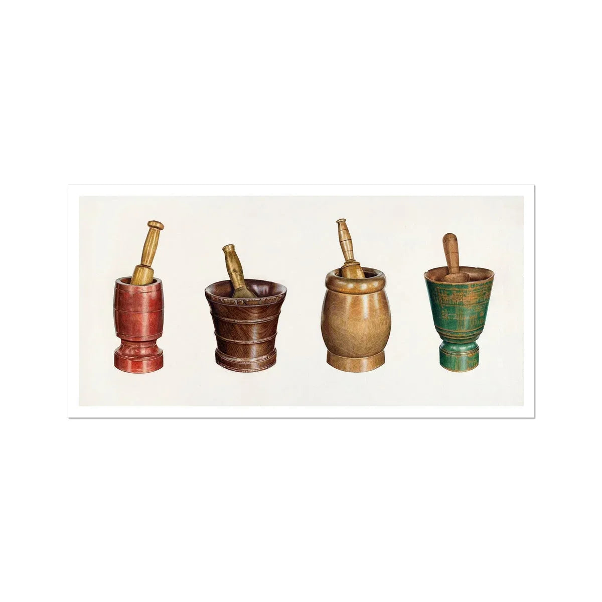 Mortar & Pestles Elizabeth Moutal 1930s Art Print, 32x16’’ / 81x41cm / Unframed, Four Mortar Pestle Sets Colors Shapes