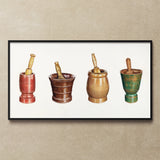 Mortar & Pestles - Elizabeth Moutal 1930s Art Print, Framed Artwork Four Colorful Mortar Pestle Sets Row