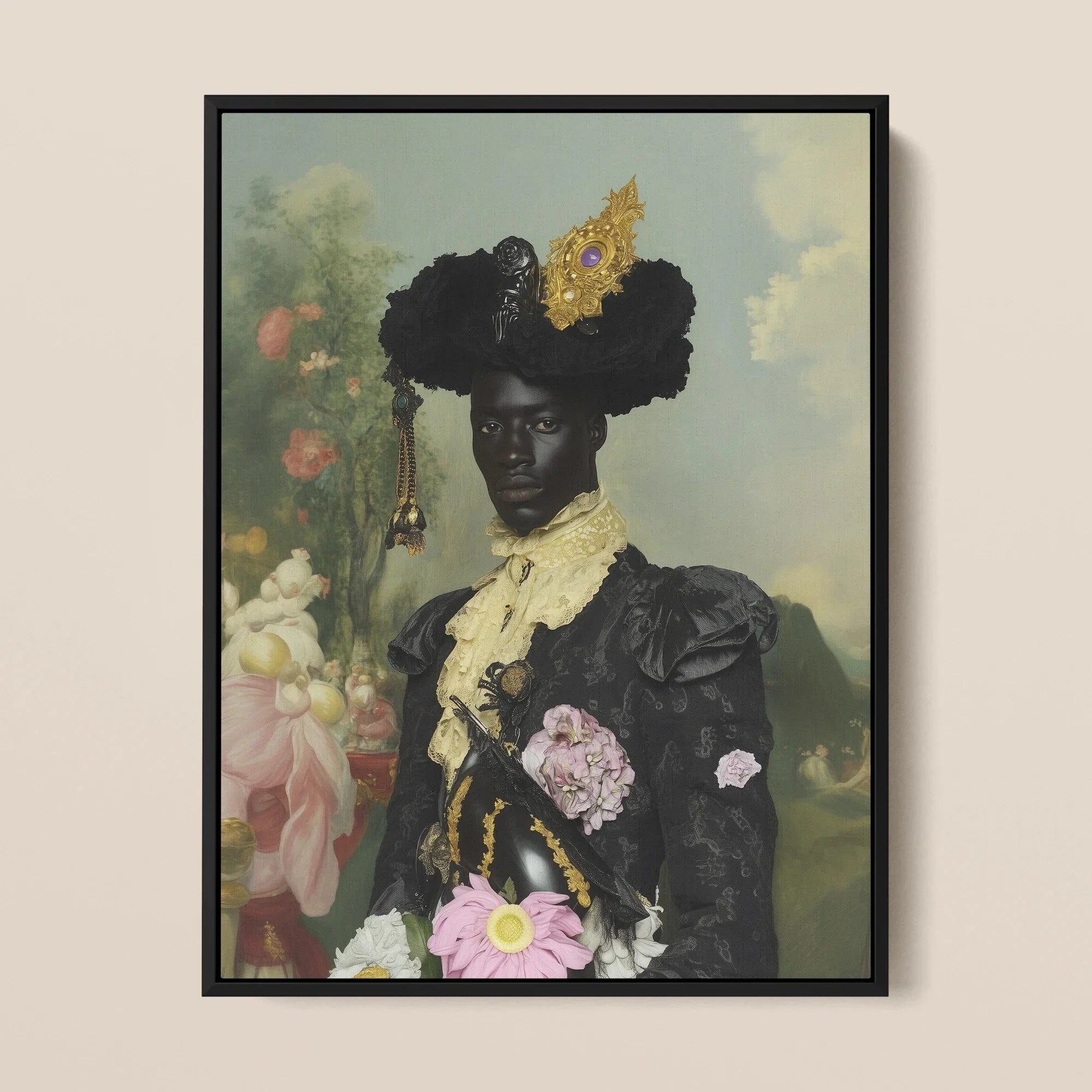 Moses - Queer Black Baroque Icon Framed Canvas, Framed Portrait Black Man Ornate Attire