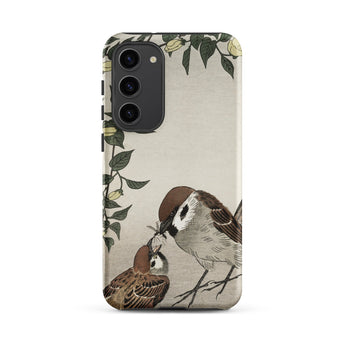 Mother Feeding Chick - Ohara Koson Samsung Case, Galaxy S23 Plus / Matte, Smartphone Case Artistic Depiction Two Sparrows Floral Border