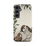 Mother Feeding Chick - Ohara Koson Samsung Case, Galaxy S24 Plus / Matte, Smartphone Case Illustration Two Sparrows Floral Elements