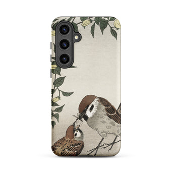 Mother Feeding Chick - Ohara Koson Samsung Case, Galaxy S24 Plus / Matte, Smartphone Case Illustration Two Sparrows Floral Elements