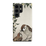 Mother Feeding Chick - Ohara Koson Samsung Case, Galaxy S24 Ultra / Matte, Smartphone Case Artistic Depiction Two Sparrows Floral Border
